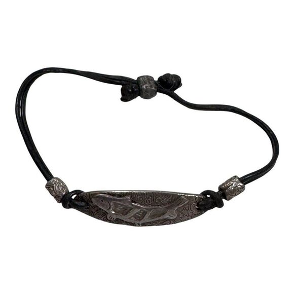 Handcrafted Cord Black Leather Bracelet Fish Design Sterling Silver Men Women - Picture 4 of 6